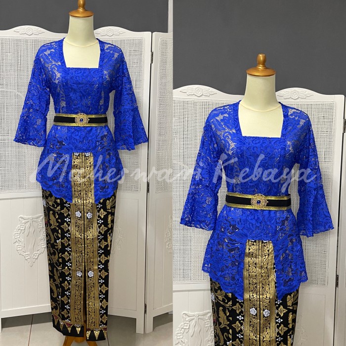 Kebaya Bali Set Brukat Lonceng Biru Elektrik