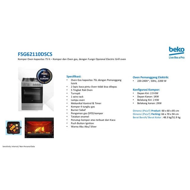 BEKO KOMPOR OVEN FREESTANDING FSGT 61121 DXMCS