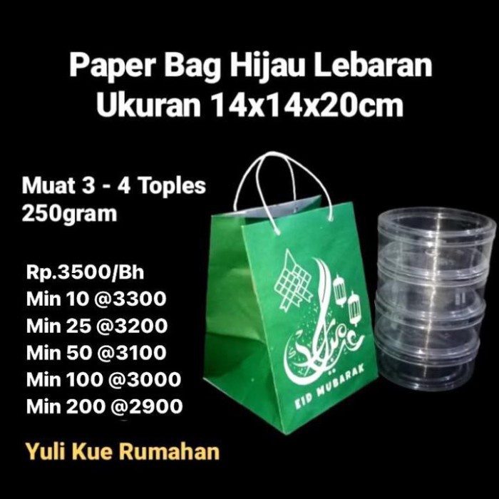 

Flashshow Paper Bag Hijau Lebaran Ukuran 14x14x20cm Muat 3 - 4 toples 250gram
