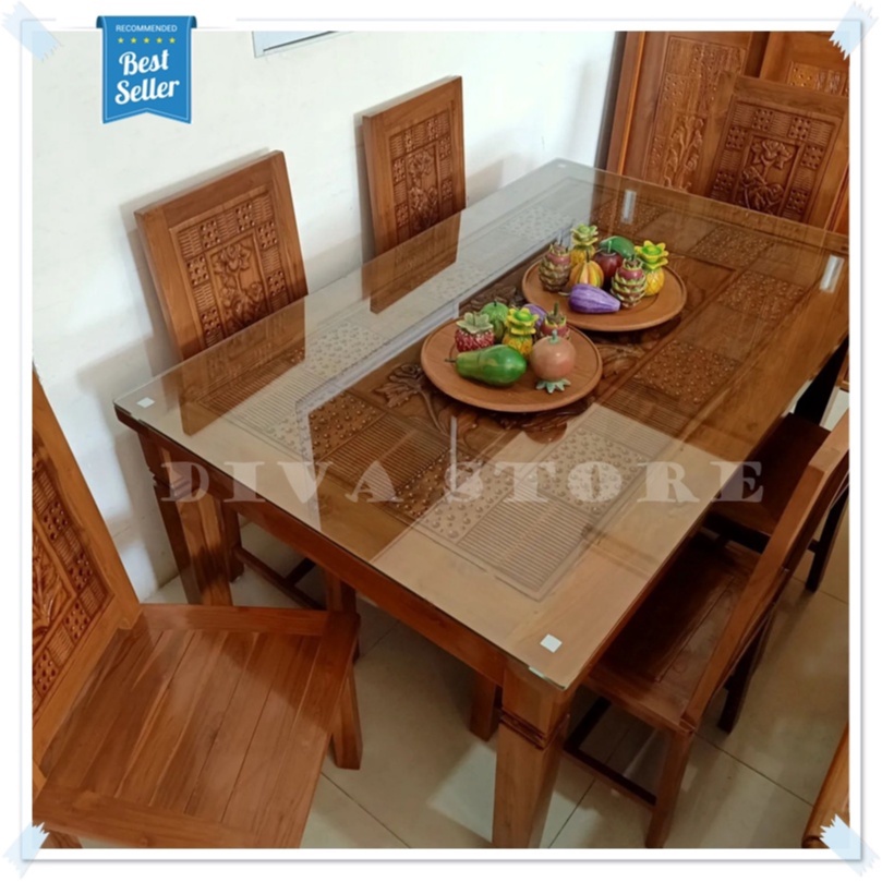 Lengkap Kaca - Set Meja Makan 4 Kursi Kayu Jati Natural *