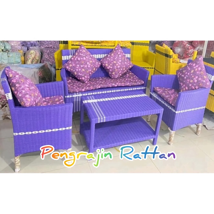 1 Set Kursi Korsi Bangku Sofa Hawai Santai Rotan Sintetis Furniture Set Meja Panjang Teras Ruang
