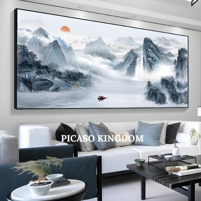 Lukisan Porcelain Painting Landscape 5D Diamond - Pemandangan Gunung Cina Estetik- Alunium Frame