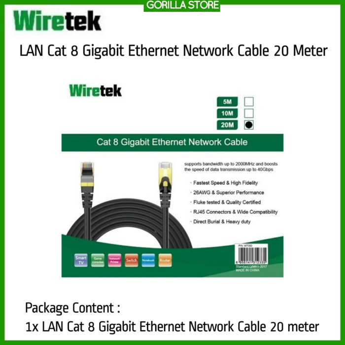 Wiretek Cable Lan Cat 8 Gigabit Ethernet Network Cable 20 Meter
