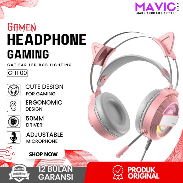 Gamen Gh1100 Pink Headphone Gaming Hp Wired Headset Cat Ear Cute Rgb