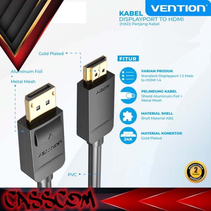 Vention Kabel Converter Display Port ( DP ) Male to HDMI Male HAD (DisplayPort to HDMI)