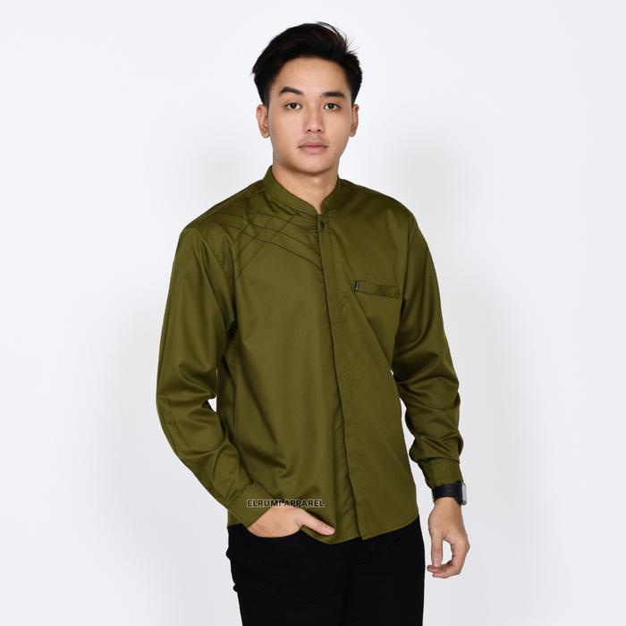 TERUJI Elrumi Baju Kemeja Koko Pria Lengan Panjang Warna Hijau Olive Bahan Katun Toyobo Motif Marvel