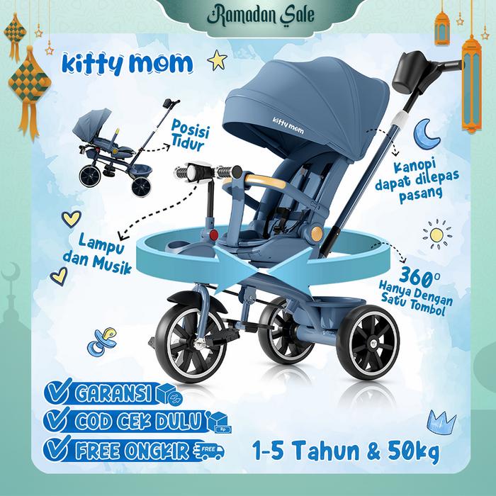 Kitty Mom - Sepeda Anak Roda 3 Bayi 1 Tahun Travelling Tricycle Multifungsi Bisa Putar Dan Berbaring