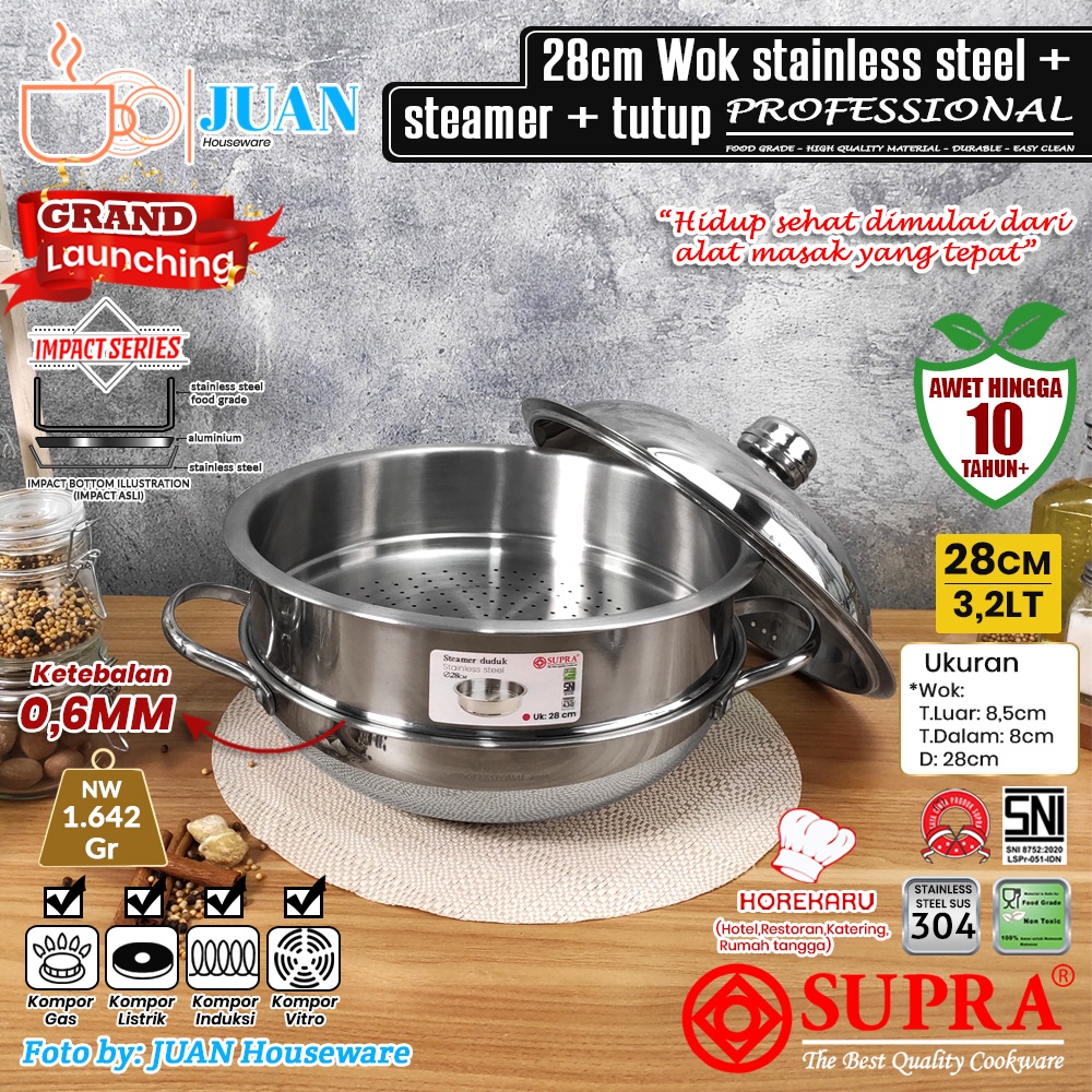 SUPRA Wajan stainless steel 28cm sus 304 professional series + steamer + tutup kombinasi viliron