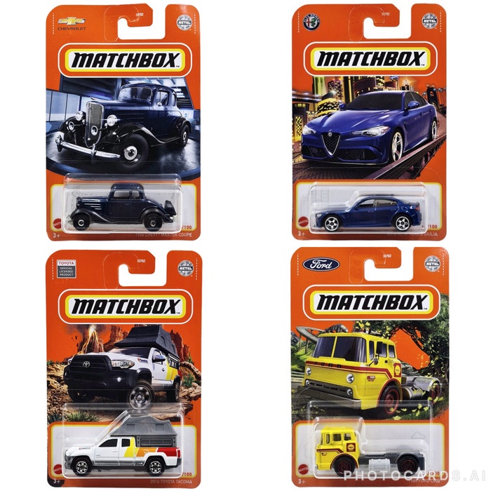 930B Matchbox MBX 1965 Ford C900 Shell Yellow - 2016 Alfa Romeo Giulia Blue - 2016 Toyota Tacoma