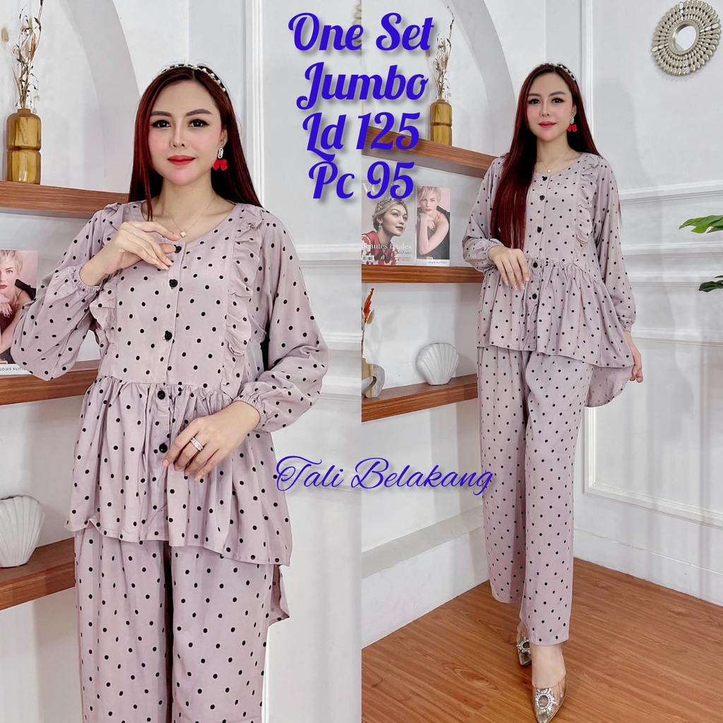 Setelan Tunik Wanita Motif Polkadot Besar One Set Busui Full Kancing Tali Belakang Jumbo Lengan