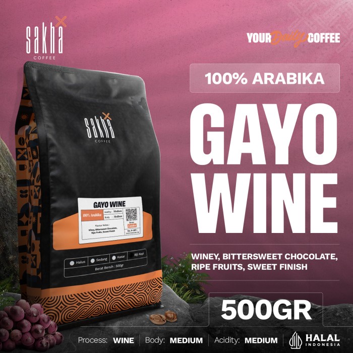 

Kopi Arabika Gayo Wine Arabica Coffee 500gr Sakha Roastery Biji Bubuk