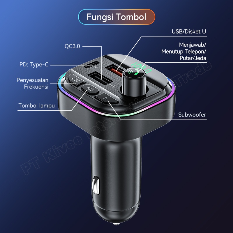 New Kivee Aksesoris Mobil Bluetooth Transmitter Car Charger Mobil Type C Fast Charging 20W Dual