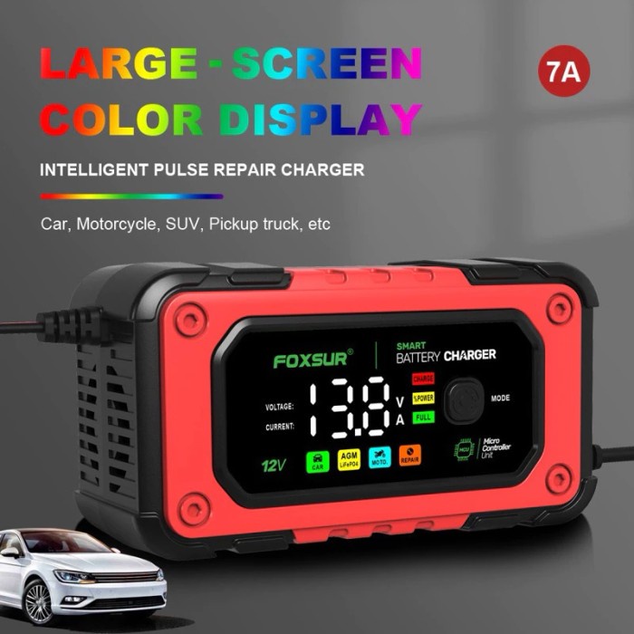 FOXSUR Charger Aki Mobil Motor 12V 7A Smart Charger Digital Display
