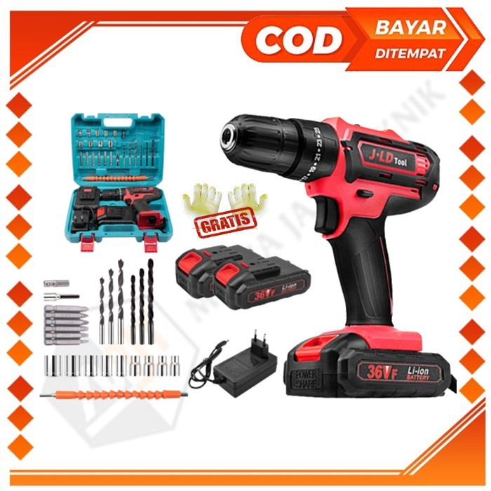 JLD Mesin Bor 2 Baterai 36Vf Cordless Hand Drill Bisa Bolak Balik