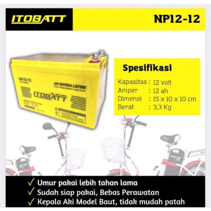 AKI MOTOR LISTRIK ITOBATT NP.12-12 12V 12Ah ORI, AKI KERING SELIS DiskonJual MurahHarga DiskonObral