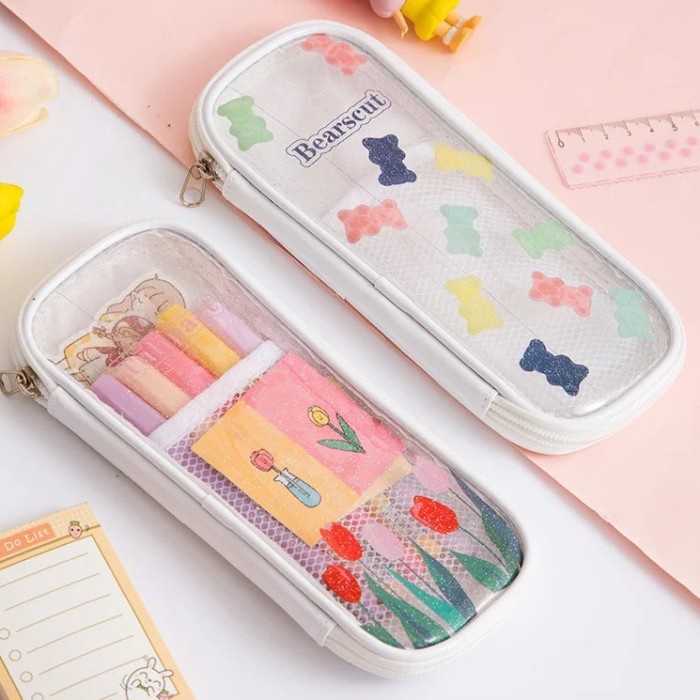 

JTTOP" TEMPAT PENSIL TRANSPARAN KOTAK PENSIL LUCU KOREA DOMPET POUCH PVC