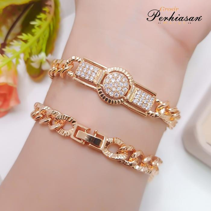Gelang Rantai Plat Bulat Permata Model Jam Terbaru Perhiasan Wanita Lapis Emas Dan Perak