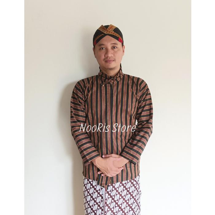OBRAL Baju Surjan Lurik Pria Dewasa Baju Adat Jawa Baju Lurik Warna Hitam Coklat