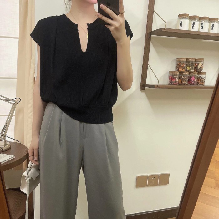 Veve Top V-Neck Blus V Neck Rajut Knit Atasan Rajut Knitted Import Terlaris