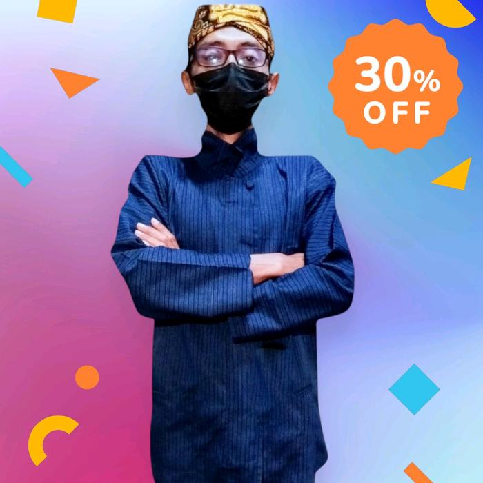 BIG SALE Pakaian adat jawa warna biru navy lengan panjang pria dewasa Baju lurik adat jawa lengan