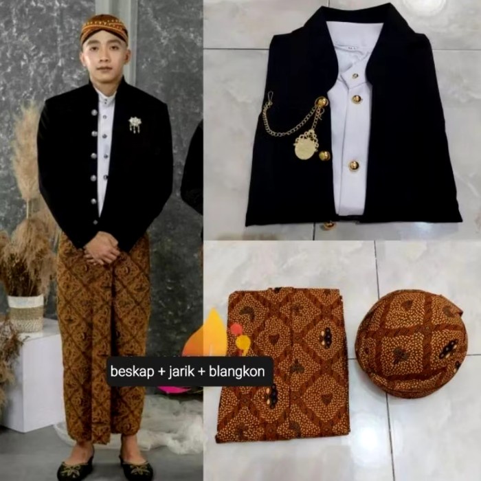 TERUJI Baju Adat Jawa Pria/ Beskap Hewes Hitam, Jarik Instan + Blangkon, Sidomukti