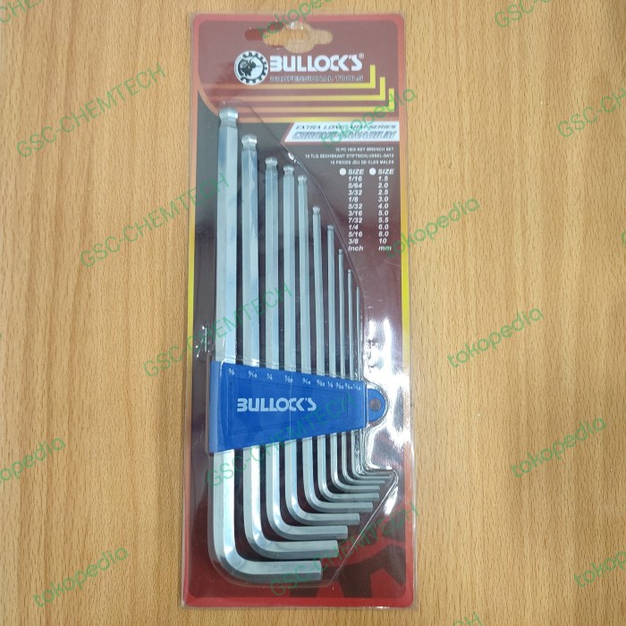 Kunci L Set Long Ballpoint Bullock Inch 1/16" - 3/8" (10Pcs)