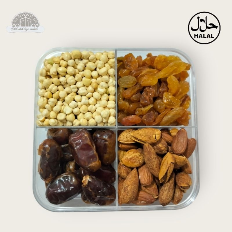 

Paket cemilan hampers oleh oleh haji dan umroh, kismis,kurma,pistachio, almond coklat turky