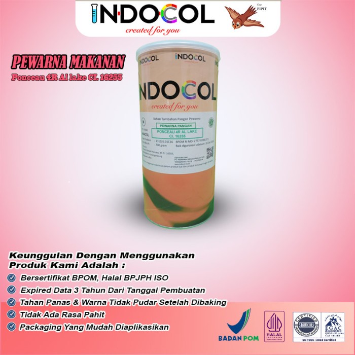 

Pewarna Makanan INDOCOL LAKE PONCEAU CI.16255 (RC) (OIL BASED)