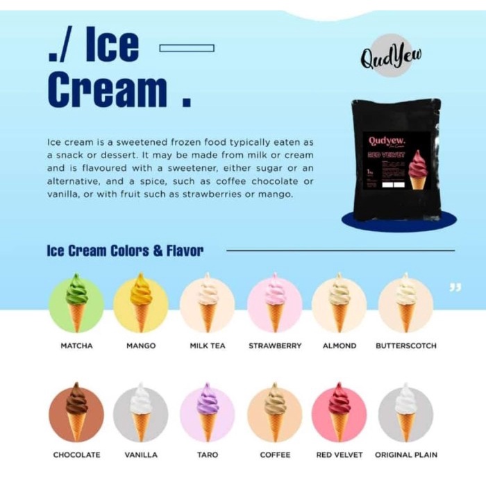 

Ready" Qudyew Bubuk Ice Cream Vanilla 1Kg Bubuk Es Krim Qudyew 1Kg Aneka Rasa