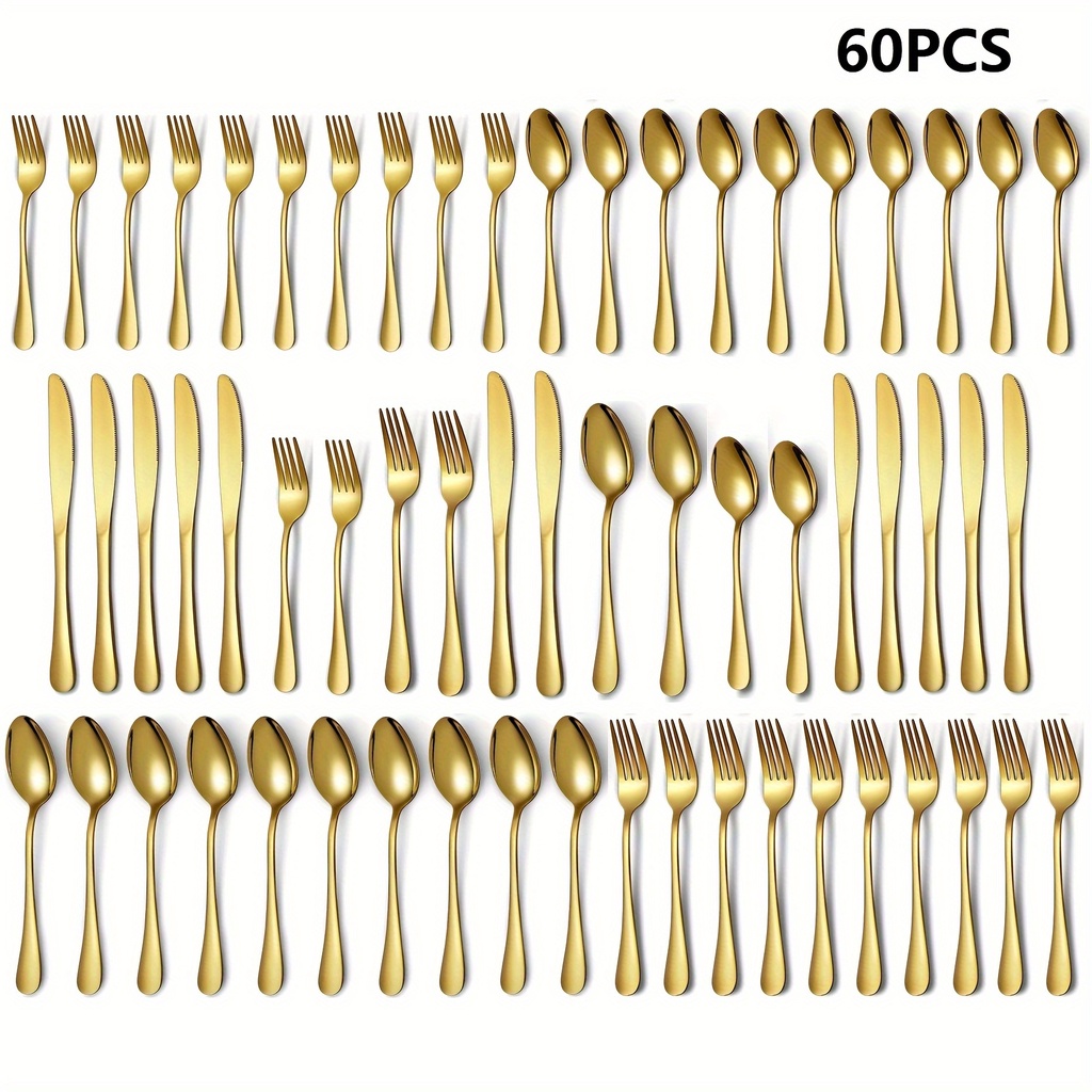 30/60-Piece Luxury Golden Flatware Set, Stainless Steel Cutlery Includes Dinner Spoons,Dinner Forks,