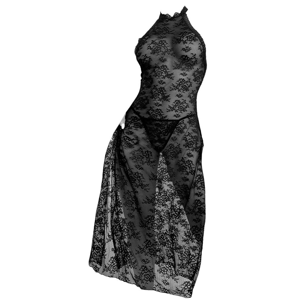 L1313 Baju Tidur Daster Panjang Seksi Gaun Maxi Dress Halter Hitam Belah Samping