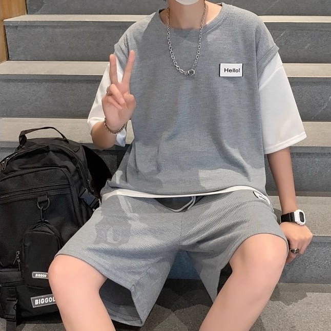 BESTPROMO Baju Satu Set Pria Baju Setelan Korea Baju 1 Set Korean Style Baju Set Setelan Kaos Dan