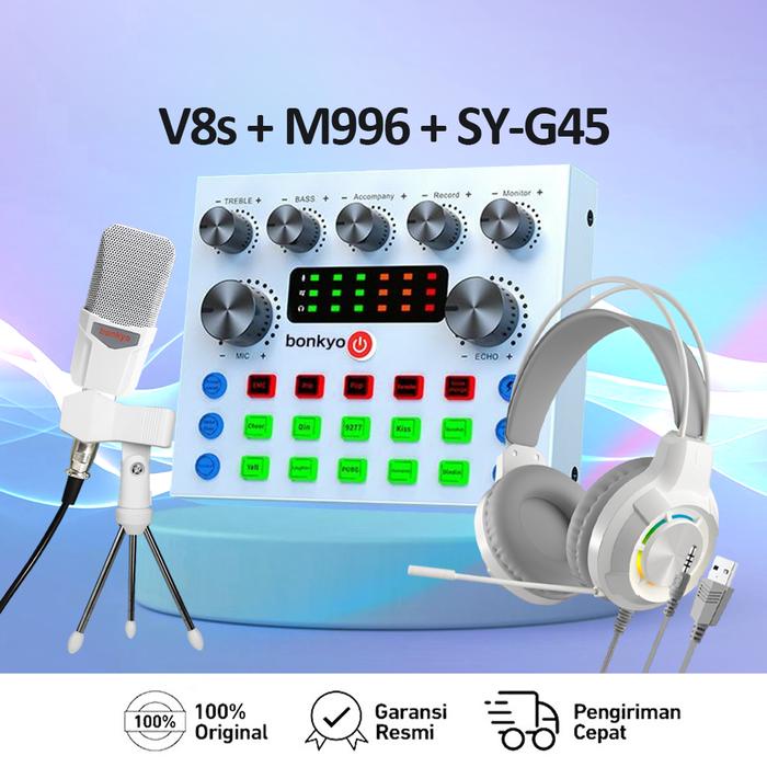 Bonkyo V8S+M996+ Headphone Berkabel SoundCard set Bluetooth Audio Usb External - Sound Card Merah