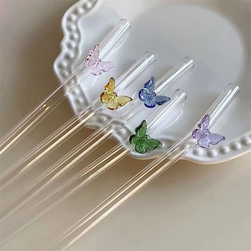 Transparent Butterfly Glass Straw Elbow Juice Milk Straw Stirring Stick Simple High Temperature Resi