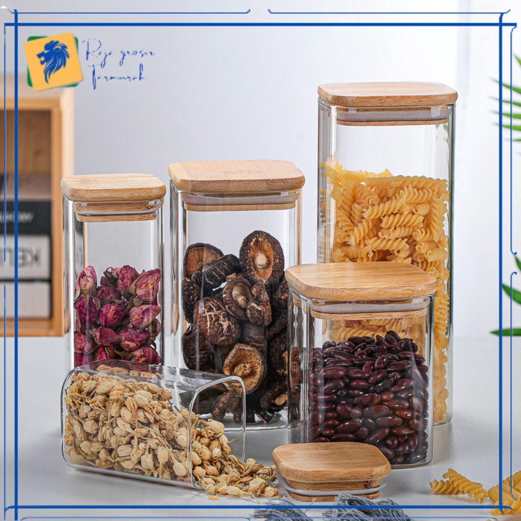 

Toples Kaca Tutup Kayu 1600 ML Transparan Kedap Udara Toples Bening Kotak Tebal Penyimpanan makanan