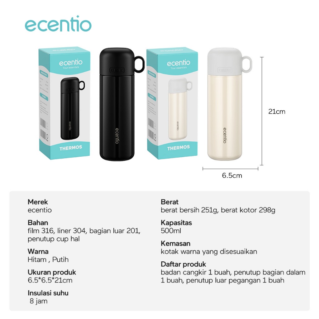 HJE ecentio termos air panas 500ml stainless steel 304+316 tahan 8 jam botol air dengan tutup kecil