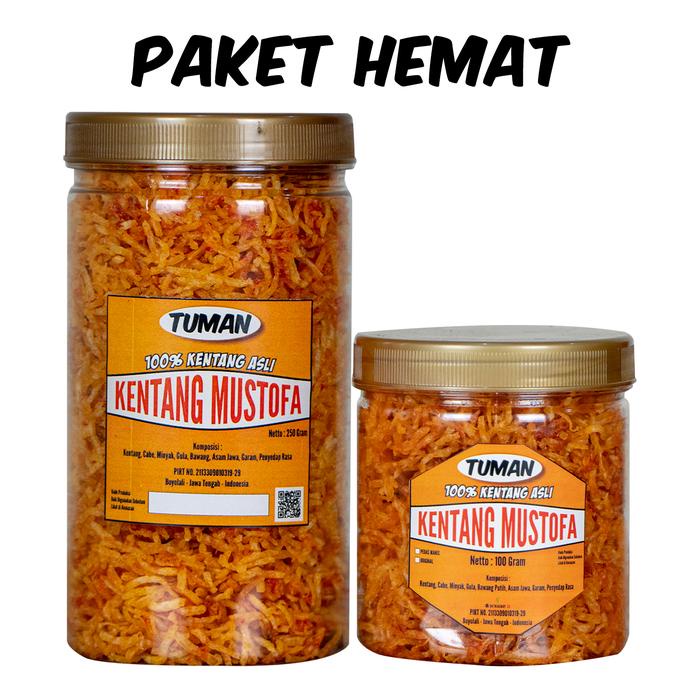 

Camilan Kentang Mustofa Tuman Hemat Kemasan 2 Toples 250gram dan 130gram Food Snack Pedas Cemilan