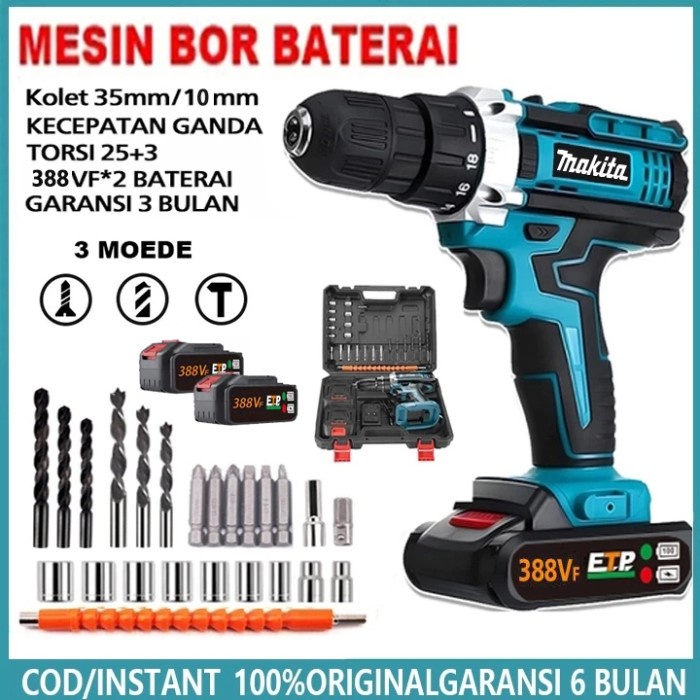 MAKITA Mesin Bor Listrik Bor Baterai Cordless Drill 10mm Set Mesin Bor Tangan Baterai Tembok