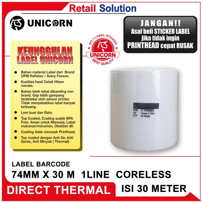 

ATKJaya- Unicorn Stiker Label Thermal 80mm 74mm x 30M / 74mmx30M / 74x30 M