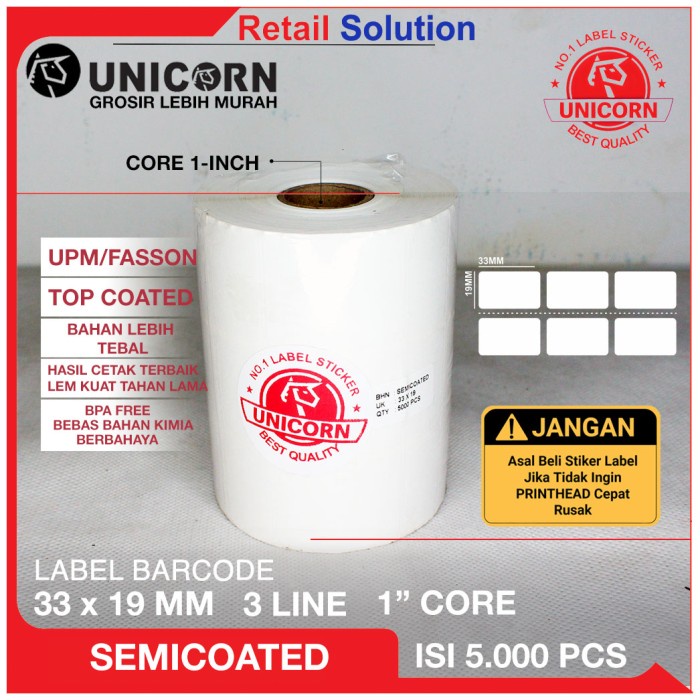 

ATKJaya- Stiker Label Barcode Semicoat 33x19mm / 33x19 mm / 33 x 19 mm 3 Kolom