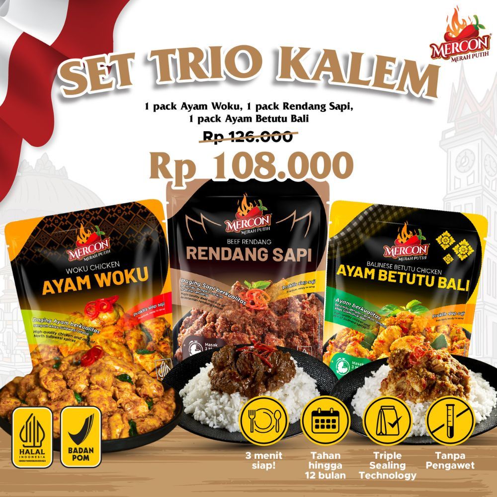 

Mercon Merah Putih - Set Trio Kalem Rendang Sapi + Ayam Woku + Cumi Cabe Ijo Gini