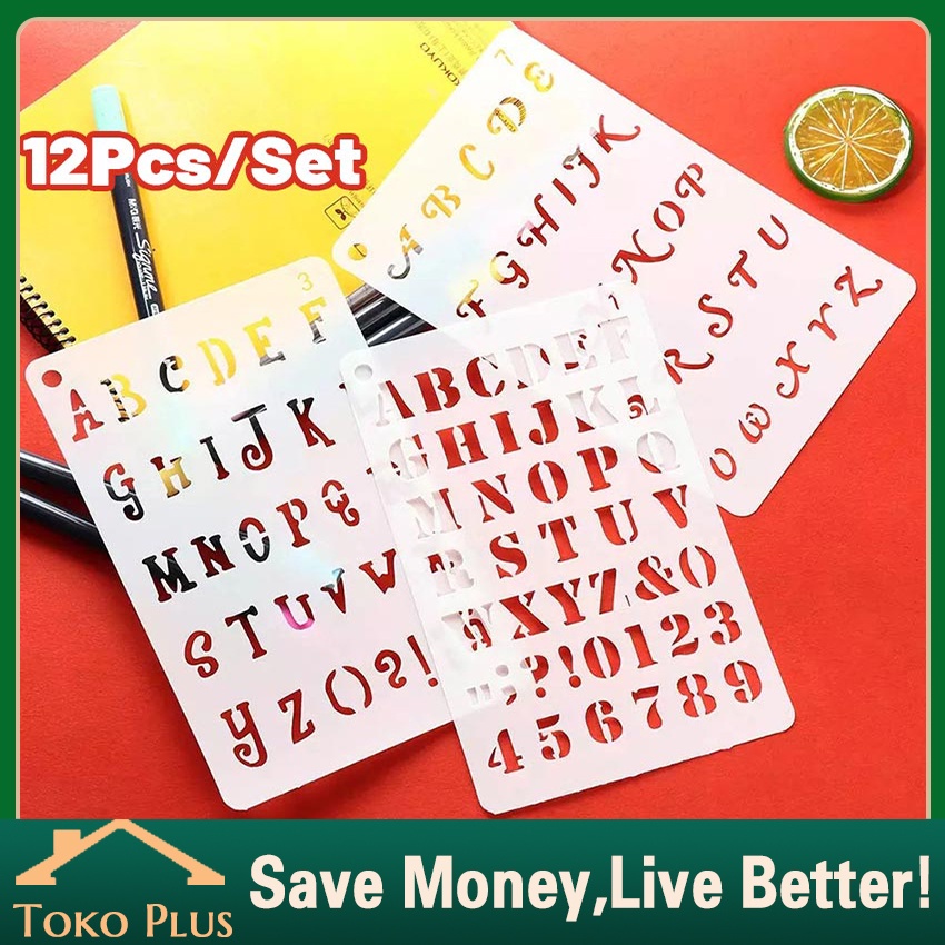 

12Pcs/Set Penggaris Huruf & Angka Templates - Penggaris Sablon ABC - Lettering Stencil Set -