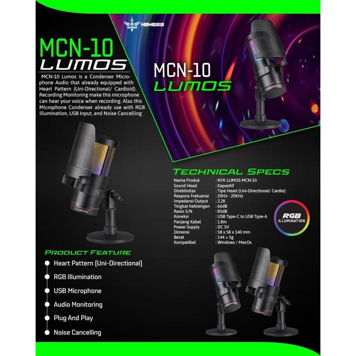 NYK Nemesis Mic Condenser RGB with Noise Cancelling Nemesis LUMOS MCN-10 MCN10 Microphone