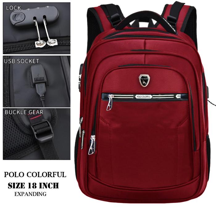 TAS COLLECTION Tas Ransel Pria Polo COLORFUL P-14005 Tas USB Backpack Laptop 18 Inch Tas Ransel