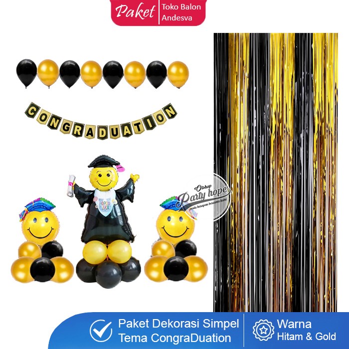 Paket Dekor Congraduations Hitam Gold / Set Dekorasi Wisuda Hitam Gold / Set Balon Wisuda