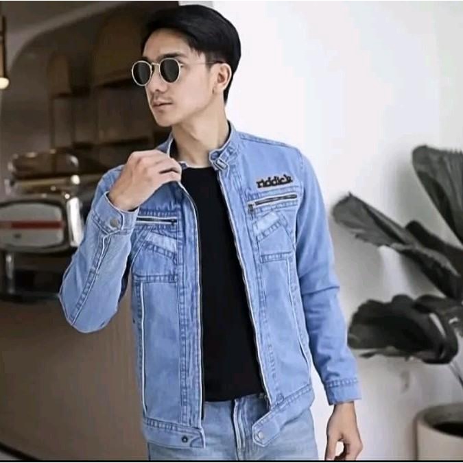 Jaket Jeans Gesper Blue Resleting Denim Panjang Pria Casual Kekinian Formal Cowok Distro