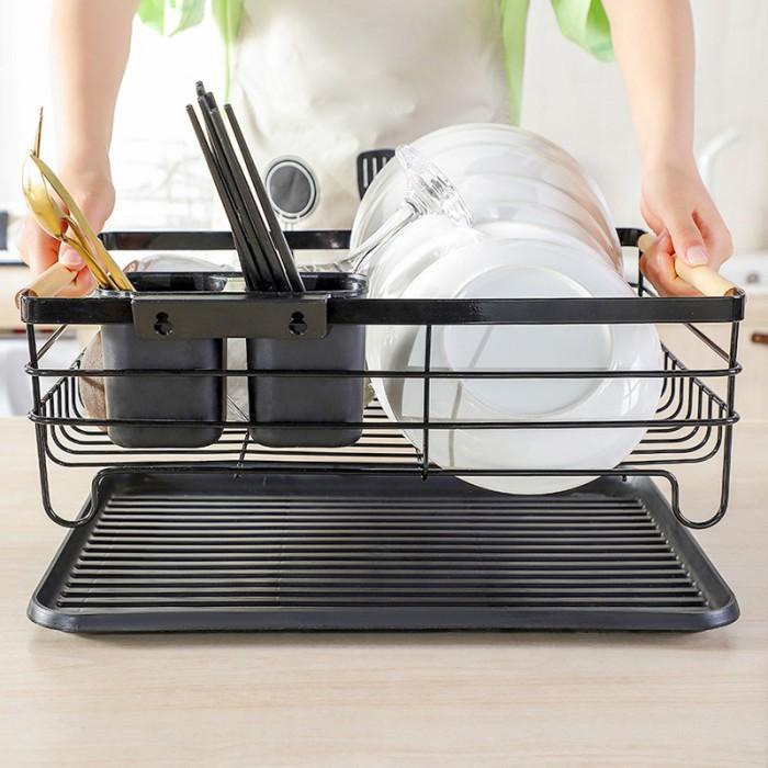 JTTOP" RAK CUCI PIRING STAINLESS STEEL DENGAN GAGANG KAYU DAN PARTISI TERPISAH - HITAM