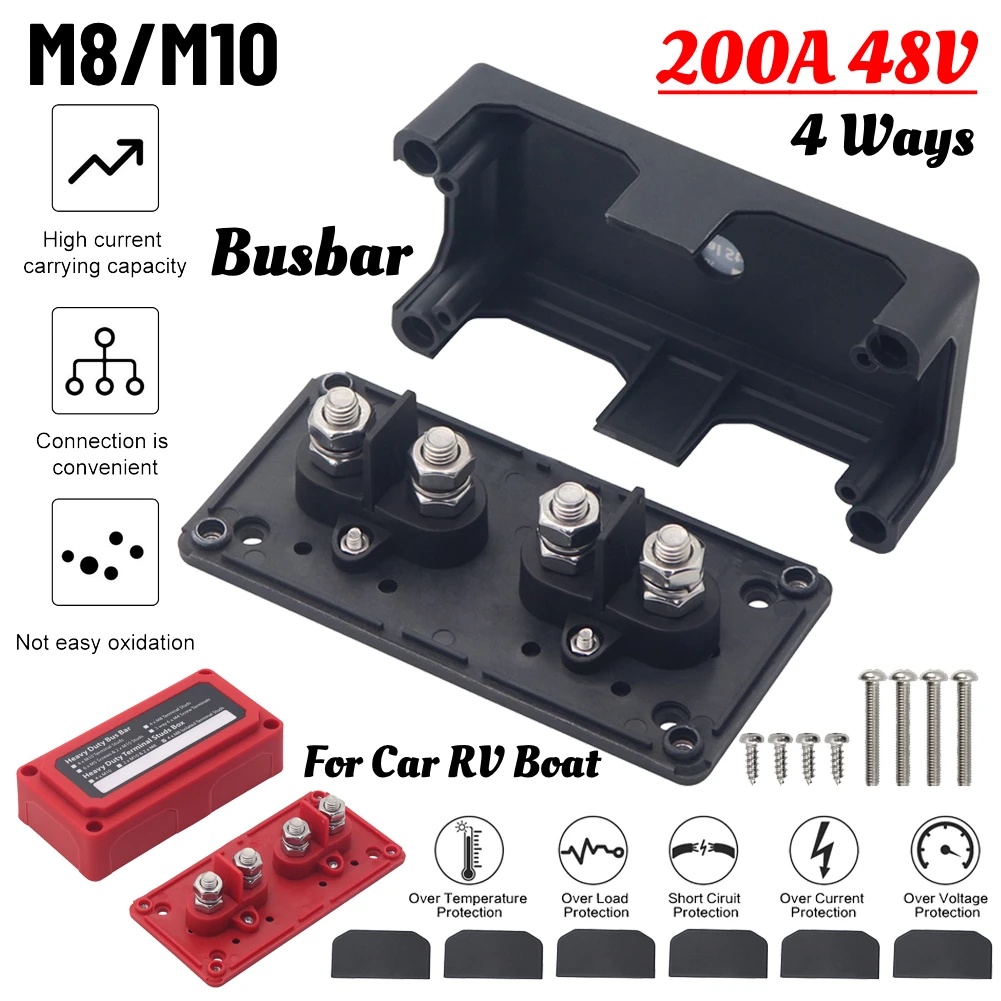M8/M10 Bus Bar Busbar Box Module 200A 48V 4 Terminal Ways High Current Busbar Cable Organizer Box Am