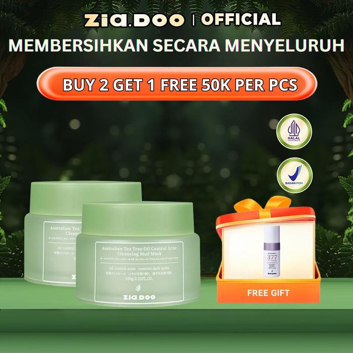 BPOM ZIA.DOO 2PCS Australian Tea Tree Clay Mask 100g/60g Face Mask Bedak Wajah Mengontrol Minyak