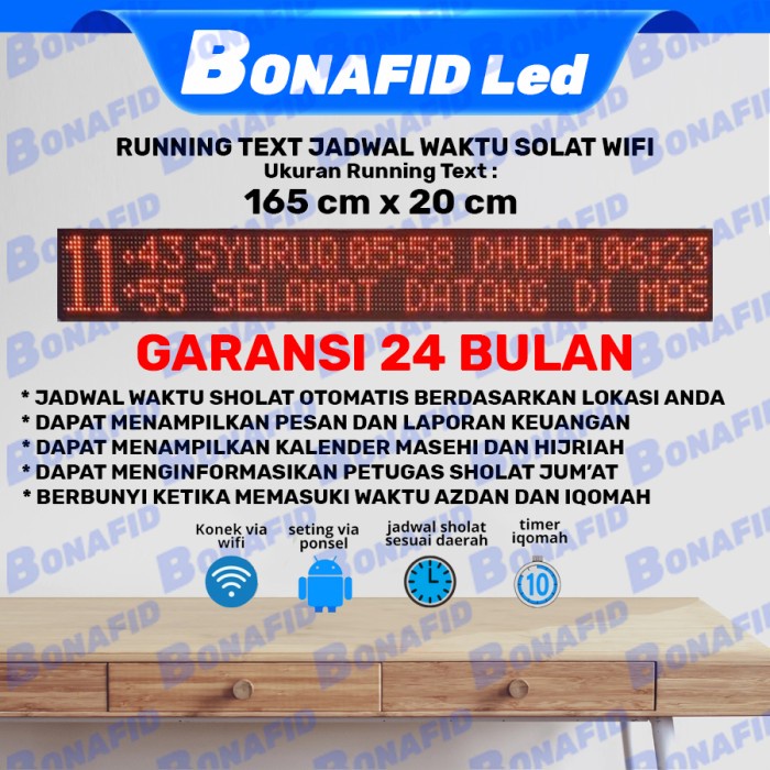Jadwal sholat running text 165cm x 20cm wifi abadi LED